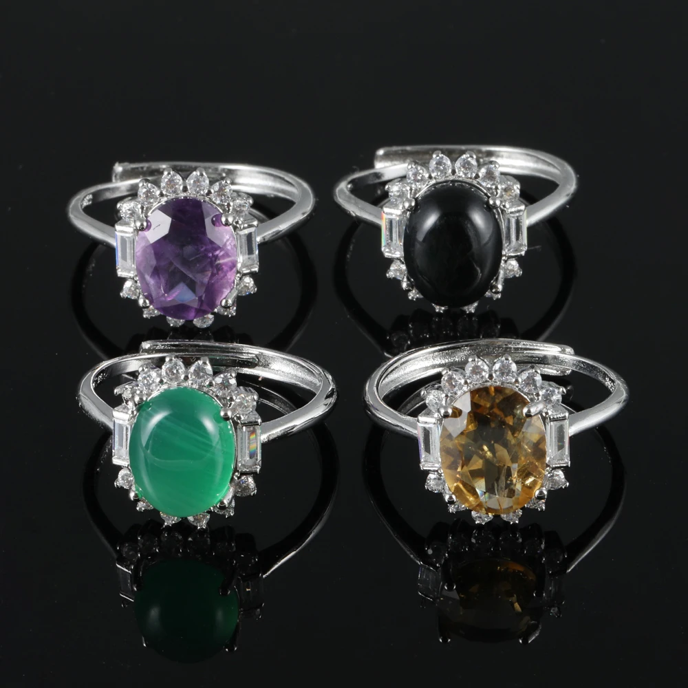 

100% natural amethyst citrine green agate adjustable copper-plated silver rings for parties and gifts