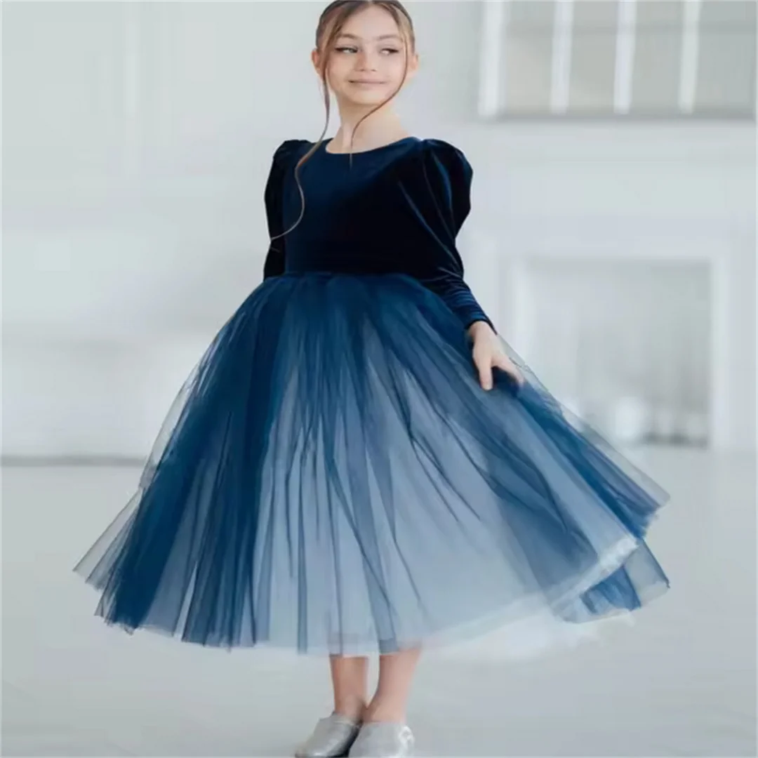 Customized Navy Blue Flower Girl Dresses Tulle Velvet With Bow Long Sleeve For Wedding Birthday Prom Banquet Princess