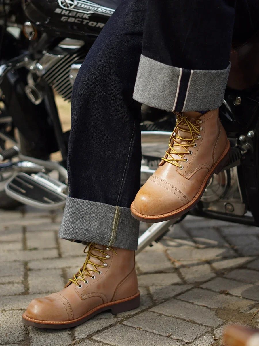 

Plant Tanned Leather Primary Color Fog Wax Top Layer Cow-Goodyear Handmade Paratroop Boots for Men New Motorcycle