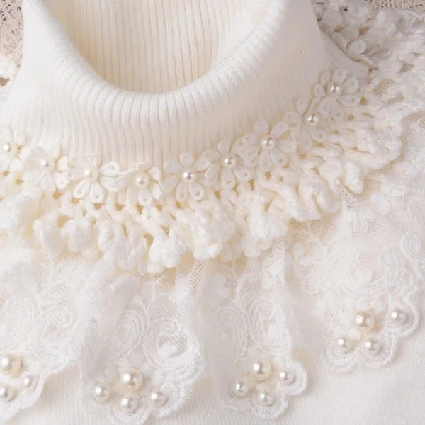 Lolita Girls Pullover Turtleneck Sweater Lace Thickened Knitted Sweater Sweet Flower Winter New Slim Fit White and Black Sweater