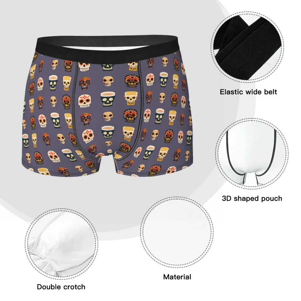 Diferentes tipos de caveiras masculinas com decoração, cuecas estilo caveira, calcinhas, roupas íntimas, shorts estampados, cuecas boxer