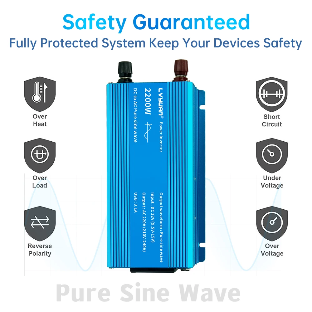 12V/24V To 220V Car Inverter Pure Sine Wave Converter 1000W/1500W/2200W Solar Energy Battery Voltage Transformer 50Hz Inversor