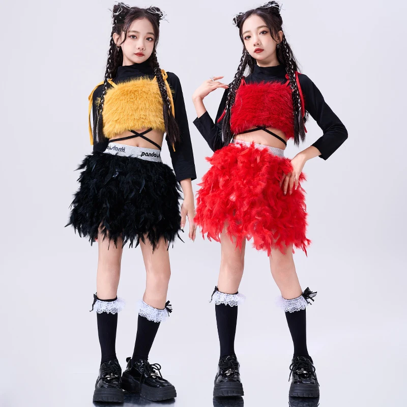 

Children Jazz Dance Costume Girls Plush Vest Feather Skirt Kpop CHeerlead Dance Performance Suit Group Show Stage Wear BL14328