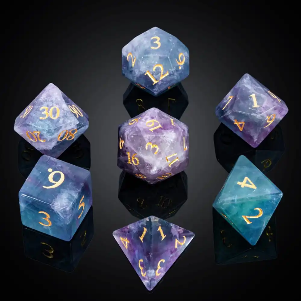 

Cusdie 7Pcs Colorful Stone Dice Set, 16mm D4-D20 Handmade Gemstone Dice with Leather Box, D&D Polyhedral Dices for Collection