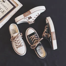 Summer Cute Women's Canvas Shoes New Womens Half Slippers Korean Version Female Vulcanized Shoes Lace-up Flat Sneakers Zapatos