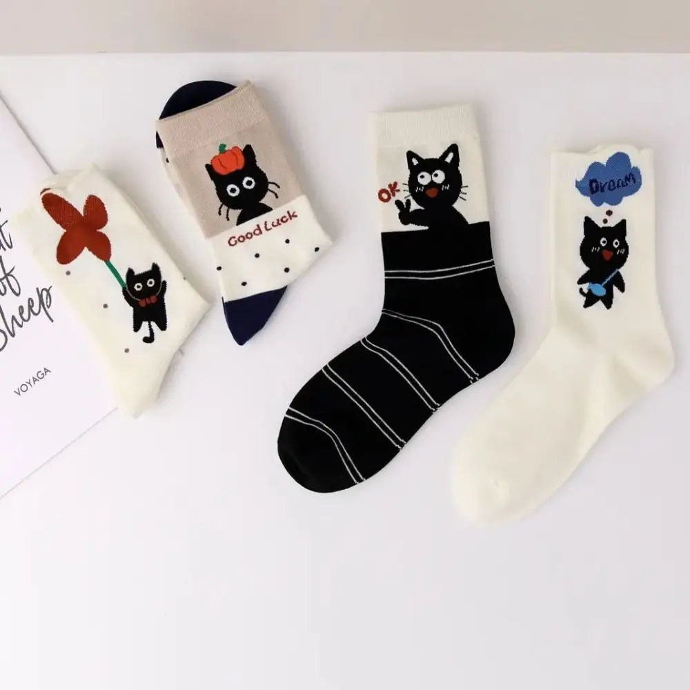 5 Pairs Sweet Cat Middle Tube Socks Thickened Breathable Polka Dot Socks Cat Wave Point Hosiery Knitted Mid-tube Socks Autumn