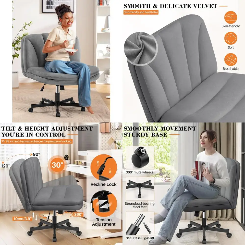 

FelixKing Swivel Chair with Caster Wheels, Cross-Legged Desk Chair, Armless Velvet-Upholstered Office Chair with Double Layer Co