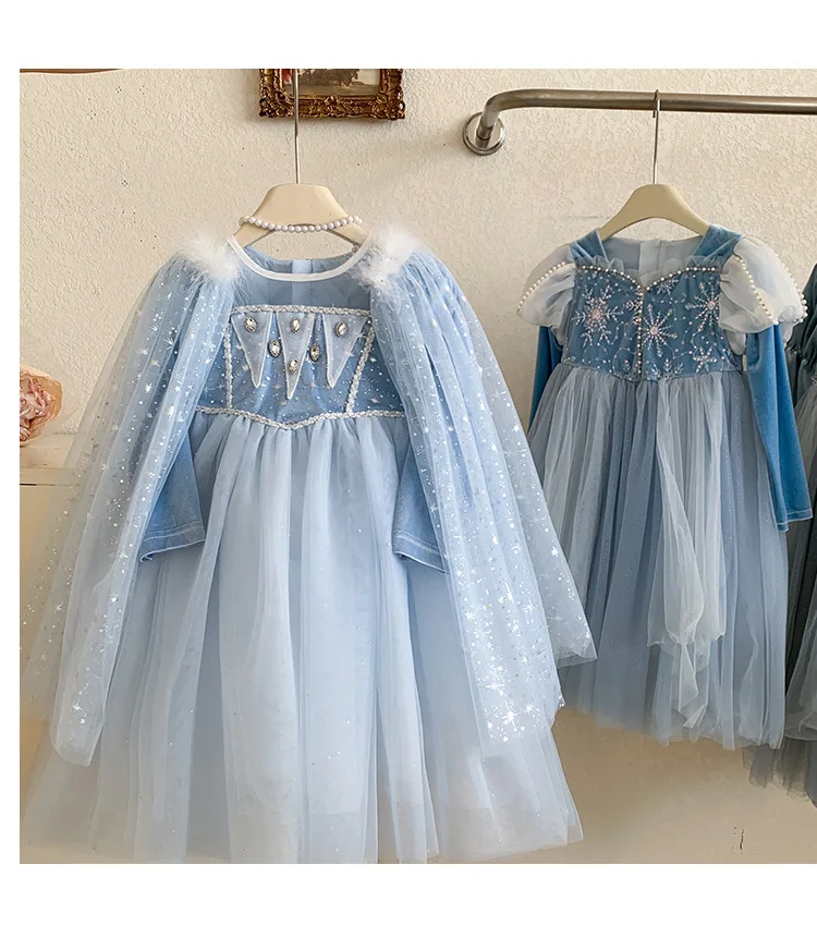 One-piece Princess Dress for Baby Girl Velvet Tulle Dress Autumn Children Clothing with Cape Christmas Costume Birthday Prom