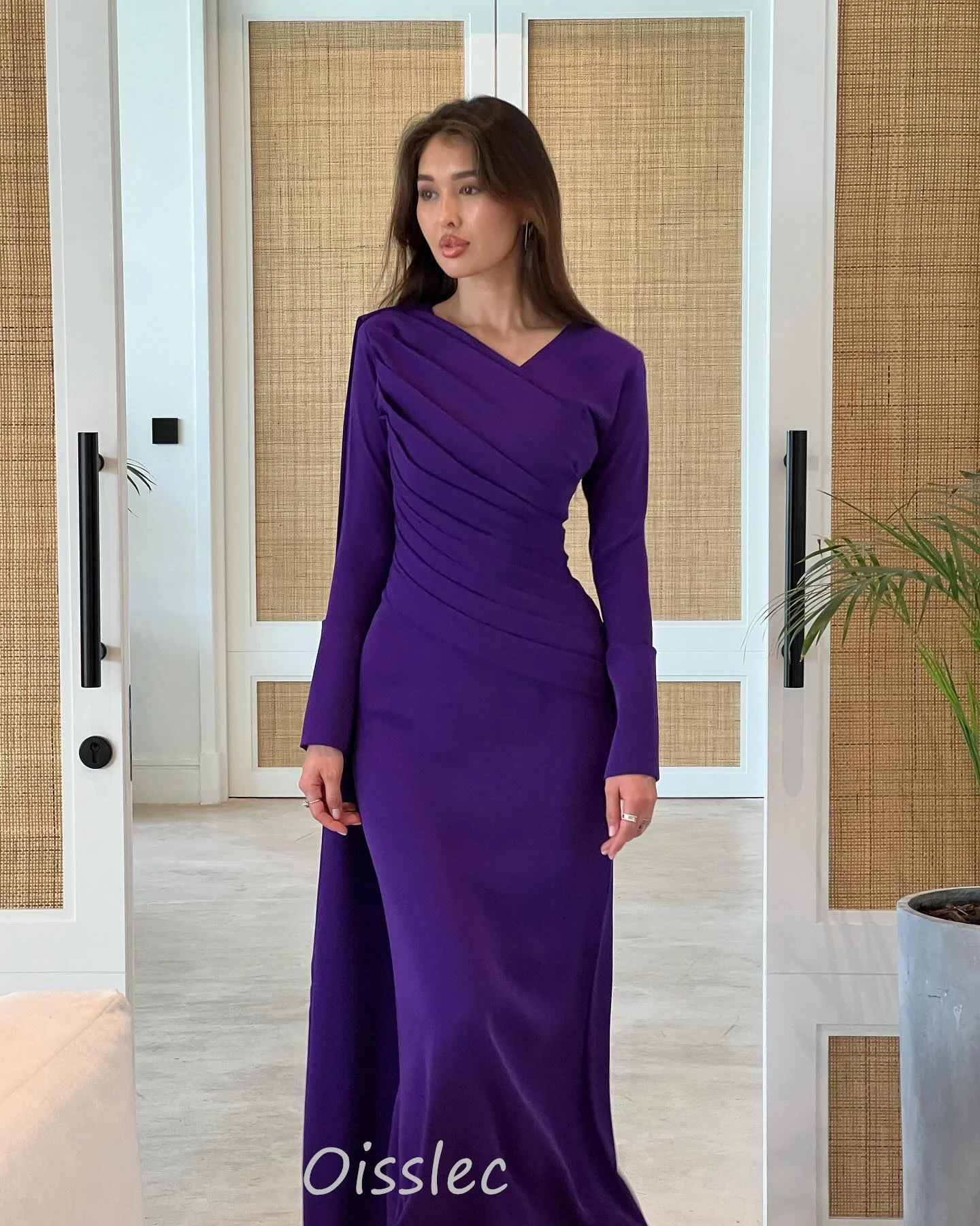 

Oisslec Dubai Women Wear Formal Occasion Prom Dress Ruffled Evening Dresses Purple Long Wraps Saudi Arabia Special Prom Gown