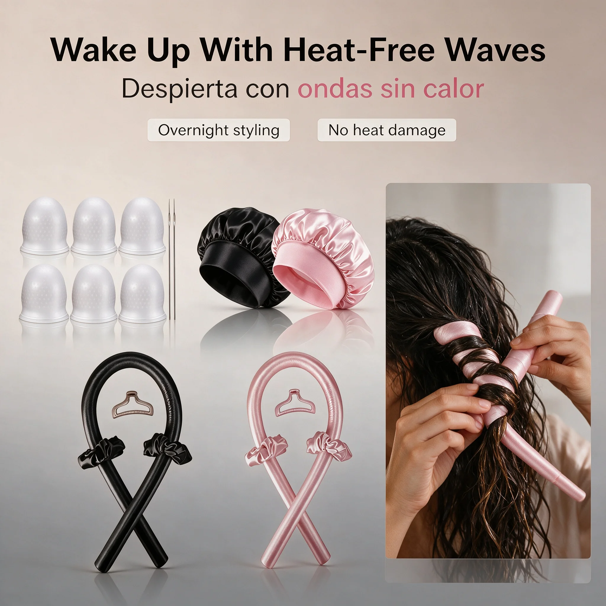 WANMEI Heat‑Free Curler Set, Satin Overnight Hair Curler With Silicone Hair Rollers And Satin Sleep Cap, No Heat Damage Diy Hair Styling Kit For Sleeping, Home Salon Hairstyle Accessory 18‑Pack