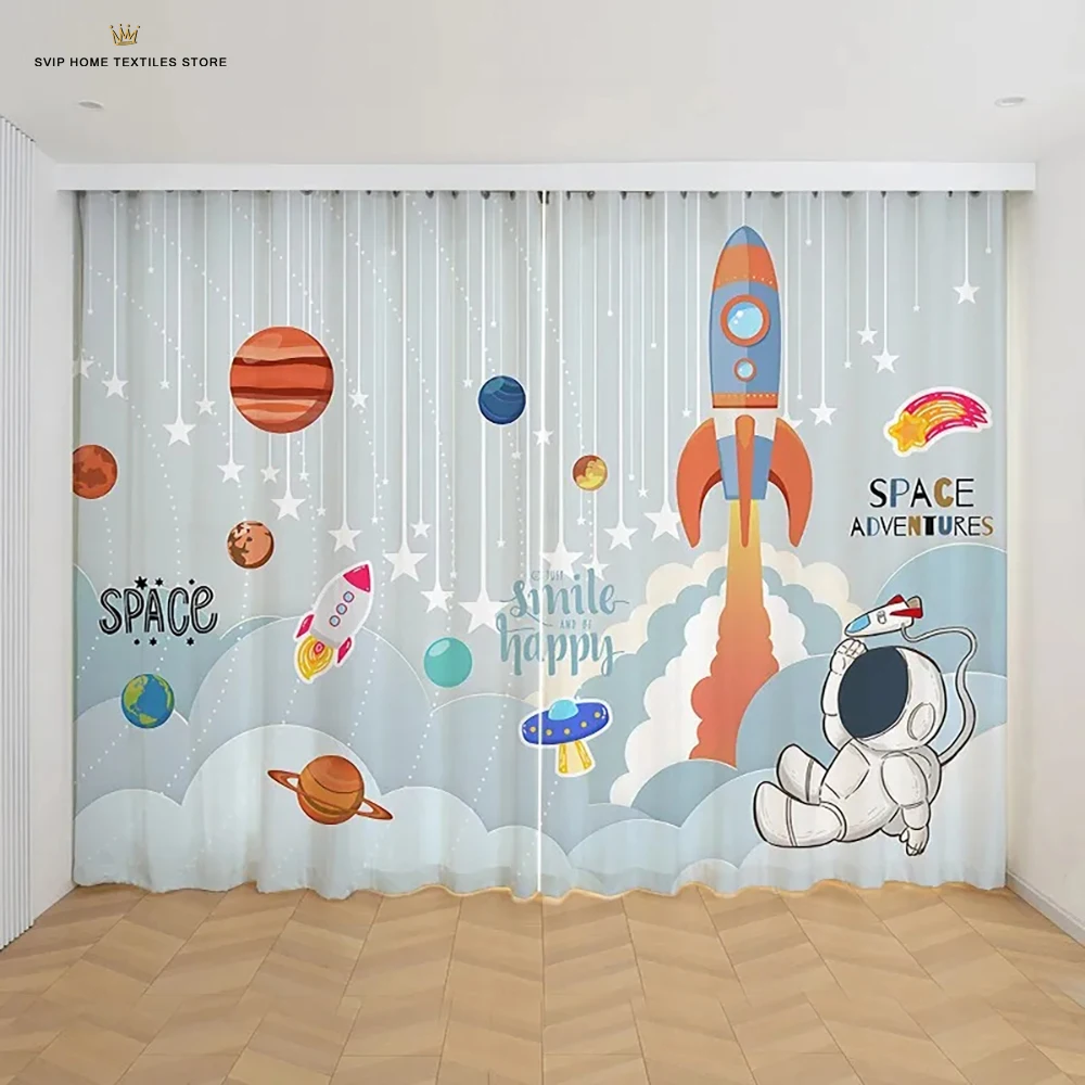 2pcs Cheap Cartoon Space Astronaut Funny Curtain,Boys Kids Rocket Planet Thin Shading Curtains for Bedroom Living Room Custom