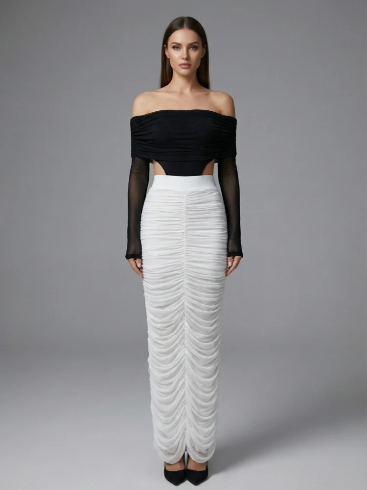 

Women Long Skirt Two Piece Sets Sexy Off Shoulder Long Sleeve Top + Mesh Folds Slim Skirt Suits Evening Party Cocktail Sets