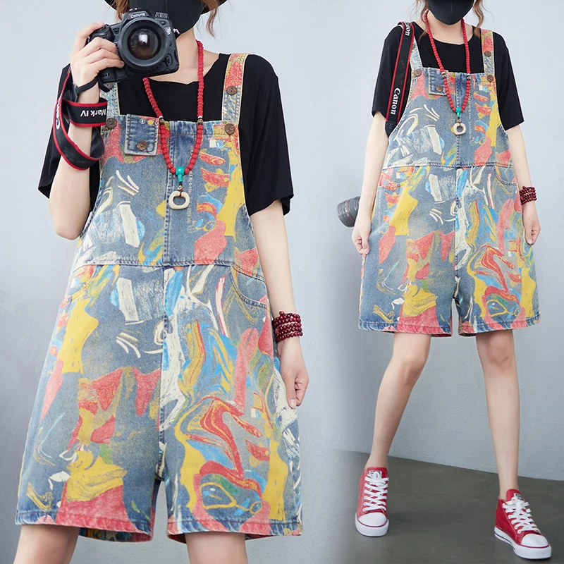 

Fashionable Floral Print Denim Overalls Women's Summer 2024 New plus Size Trendy Halter Wide Leg Jumpsuit Anti-Aging