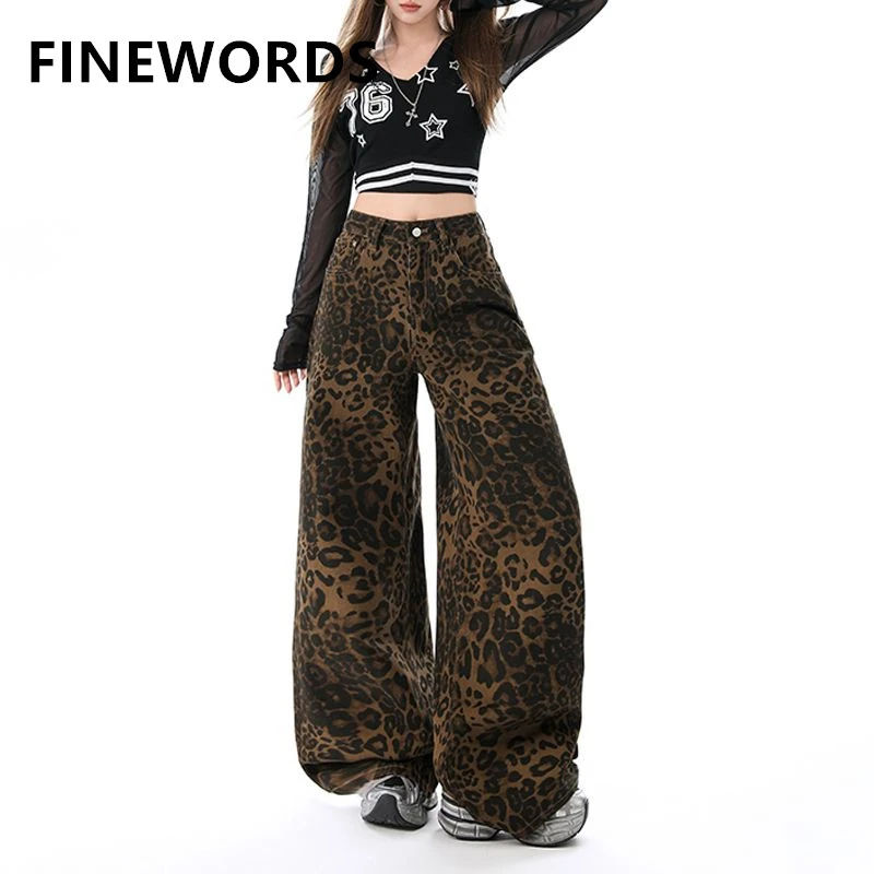 

FINEWORDS винтажные коричневые джинсы с высокой талией и леопардовым принтом, женские повседневные широкие джинсы Easymatch, корейские свободные джинсы полной длины