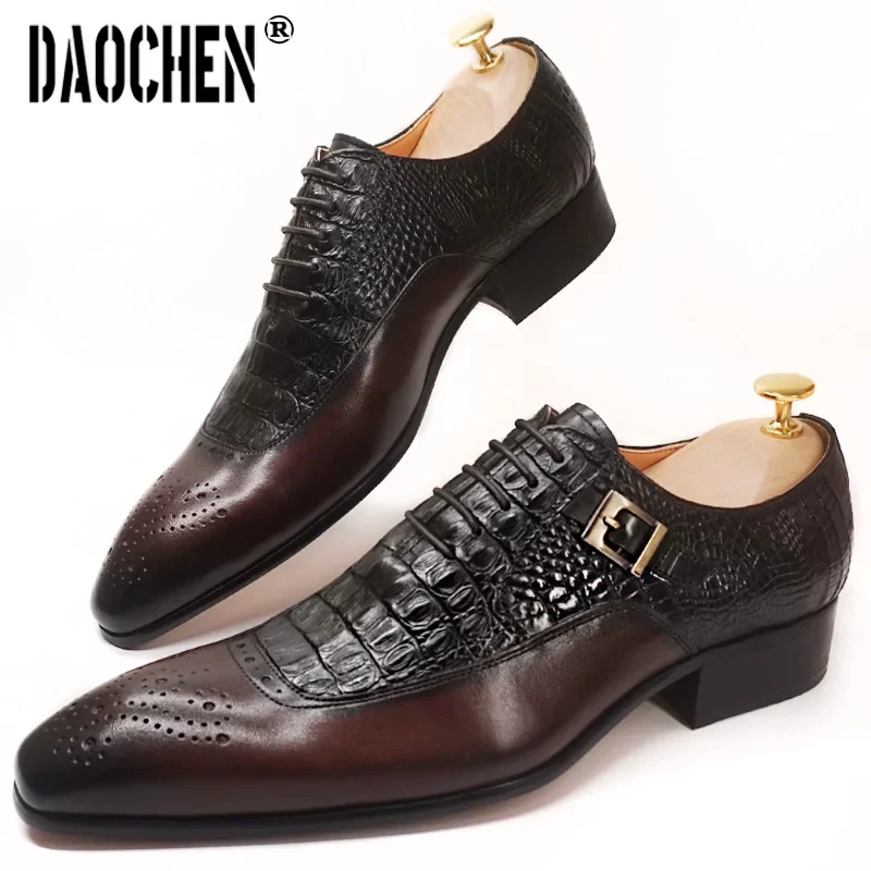 Luxury Brand Men Oxford Shoes Lace up Pointed Toe Brown Black Classic Men Dress Shoes Crocodile Print Leather Shoes Men