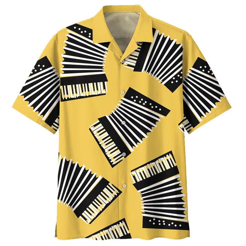 Fashion Art Accordion Pattern Shirt Men 3D Printed Musical Instruments Blouse Loose Lapel Short Sleeve Button Hawaiian Shirts