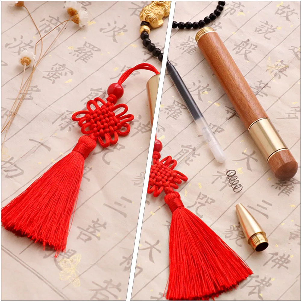 

2pcs Gel Signature Pens Black Ink Wood Metal Brass Chinese Knot Fun Desk Drawing Vintage Novelty Writing Stationery