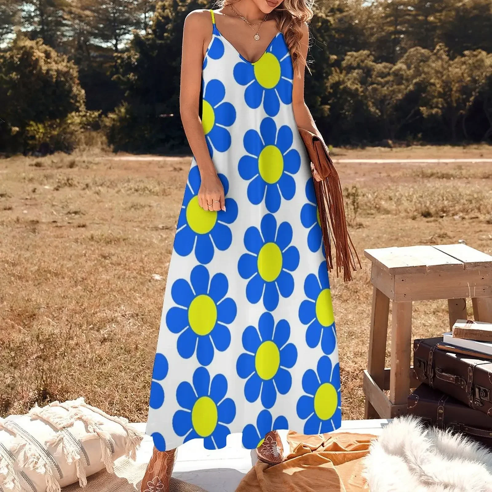 Blue Yellow Hippy Flower Daisy Sleeveless Dress sexy dress for women summer dress for women 2024