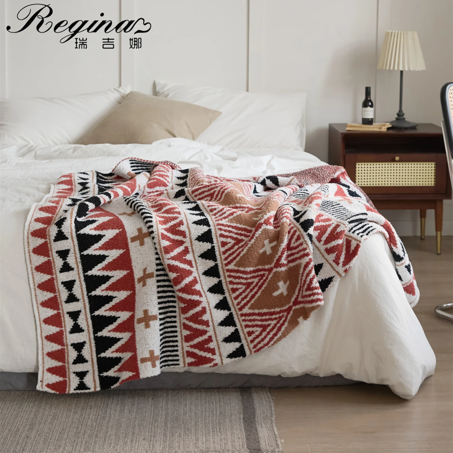 REGINA Bohemian Exquisite Geometric Blanket Fluffy Chic Cozy Downy Microfiber Knitted Throw Blanket For Bed Sofa Armchair Couch