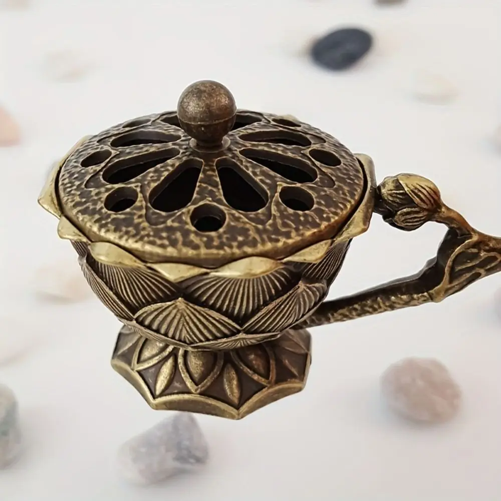 Alloy Lotus Hand Stove Small With Cover Brass Incense Holder Hollow Out Retro Copper Incense Burner Camping Garden