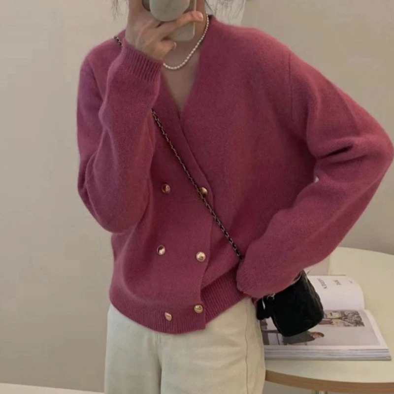 

Korean Double Breasted Knitted Cardigans Women 2025 Fashion V Neck Cardigan Woman Autumn Winter Long Sleeve Sweater Coats Female