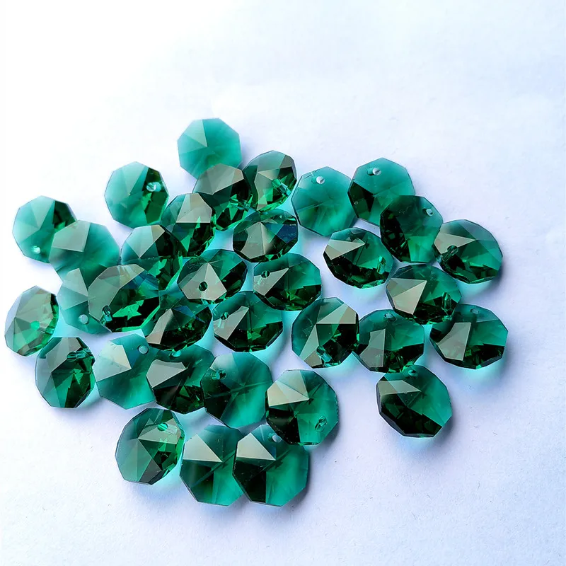 Top Quality 100pcs Zircon Green 14MM Glass Crystal Chandelier Octagon Beads In One Hole Light Accessories Curtain Beads Supplies