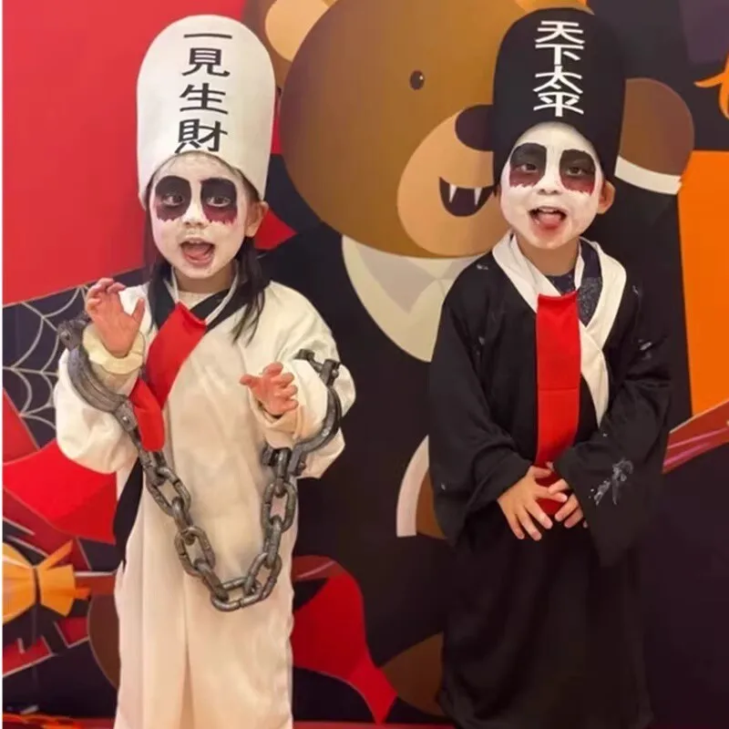 

Halloween Children's Black And White Death God Costume Zombie Ghost Outfit Performance Suit Terrifying Yu Zhou Qing Dynasty