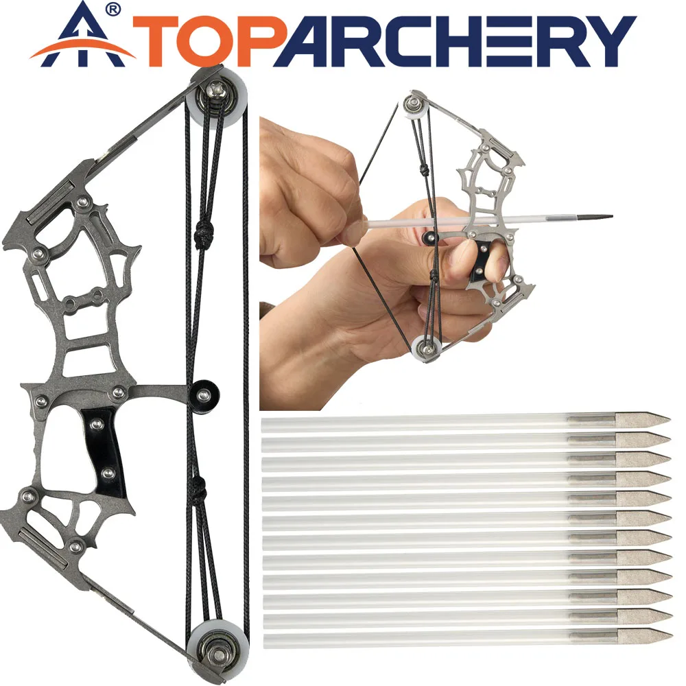 TOPARCHERY Mini Compound Bow Arrows Set Stainless Steel Bow Handle Small Pulley Bows Recreational Stress Relief Toys 5lbs