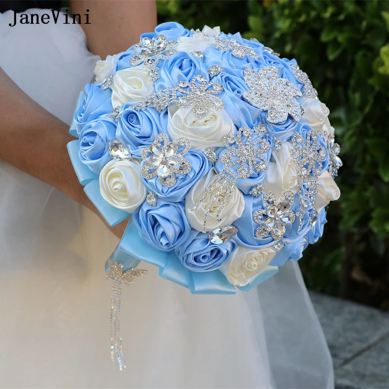 JaneVini New Korean Light Blue Bridal Bouquets Bling Butterfly Diamond Artificial Satin Roses Bride Bouquet Flowers for Wedding