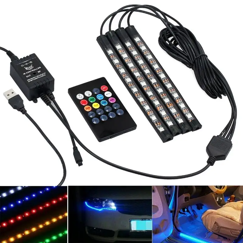 4x DC12V 9 LED RGB Car Interior Atmosphere Footwell Strip Light USB Charger