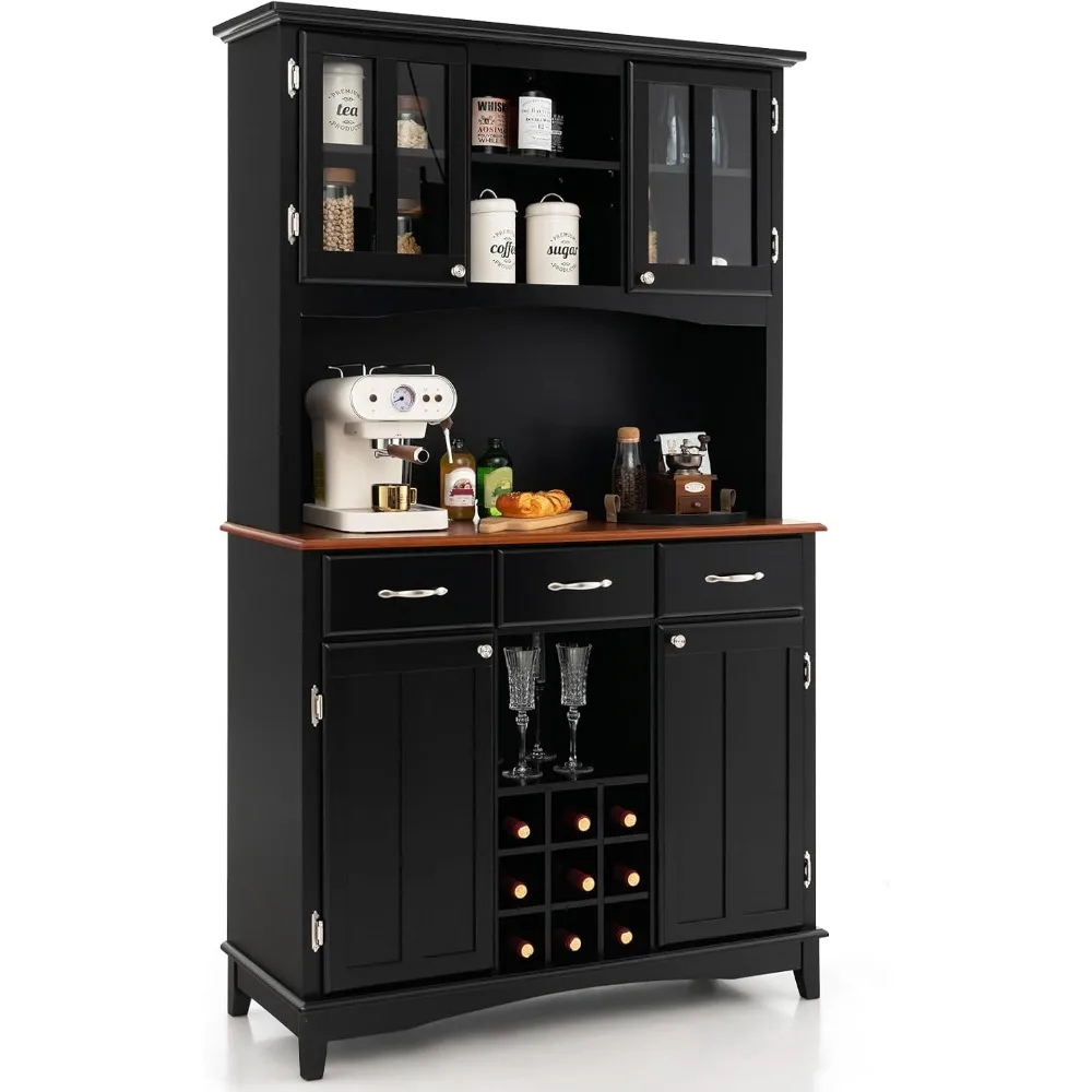 Sideboard Buffet Kitchen Cabinet with 4 Doors, 3 Drawers, 5 Adjustable Shelves and 9 Wine Racks, 44 X 17 X 72.5 Inch