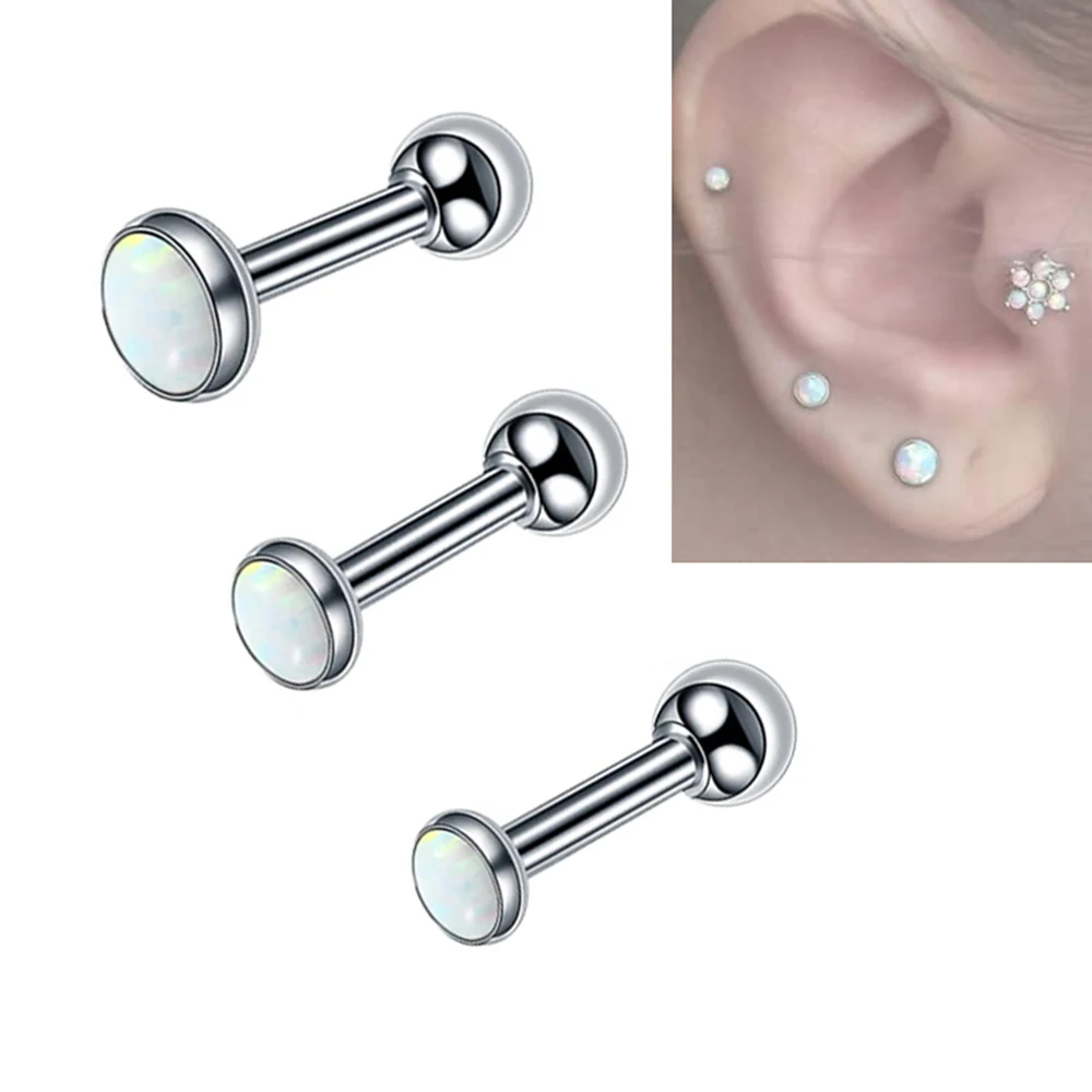 3pcs Internally Thread Opal Stone Labret Studs Lip Ring Ear Stud Helix Tragus Earring Stainless Steel Piercing Jewelry Women men