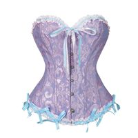 A lake blue dress with a flower patterned corset and a cinched waist for slimming ladies