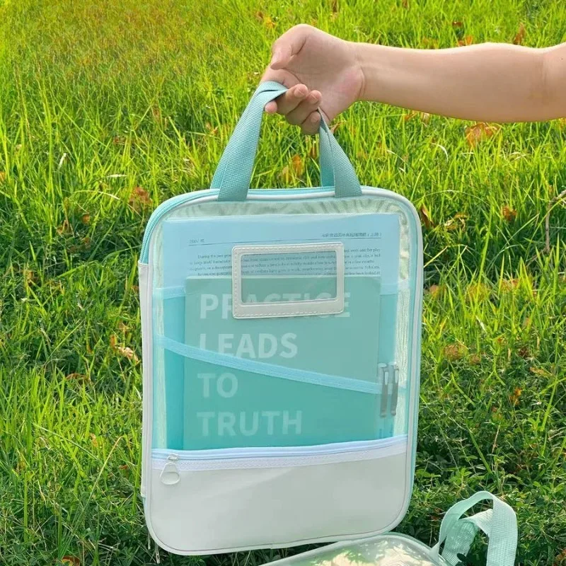 L-Shaped Mesh File Organizer Bag with Zipper Multi-Subject Classification Document Holder Transparent Exam Paper Storage Bag