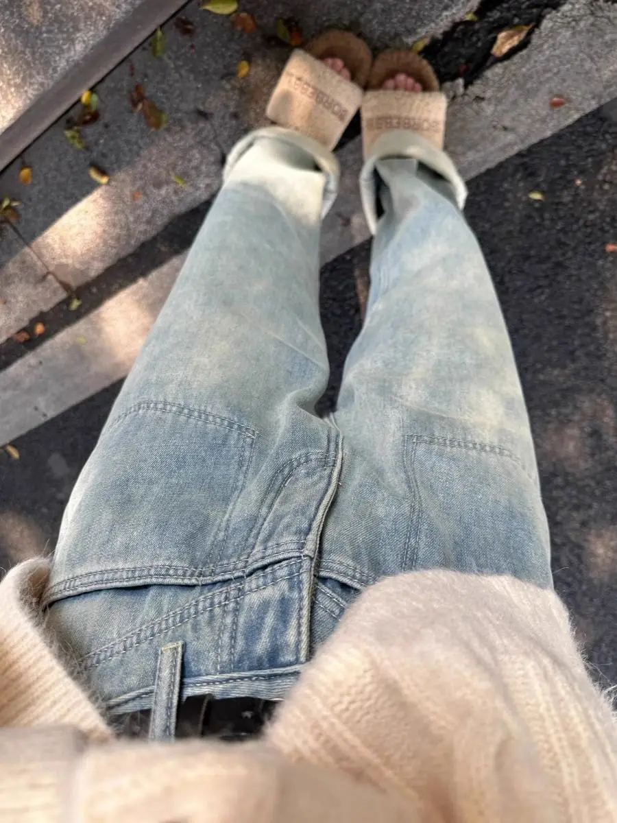 

Women's Fleece Lined Thickened Loose Straight Leg Jeans High Waist Skinny Wide Leg Pants Vintage Washed Light Blue Denim Trou...