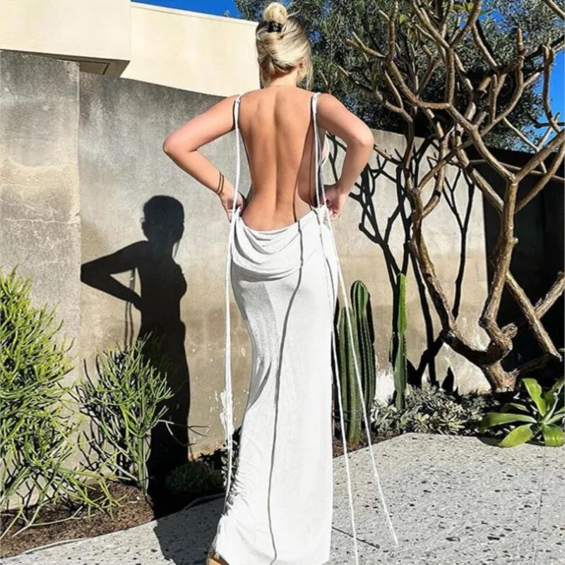 Sexy Swing Spaghetti Strap Backless Maxi Dress Women Summer 2024 Drawstrings Sleeveless Club Party Prom Dresses Elegant Female