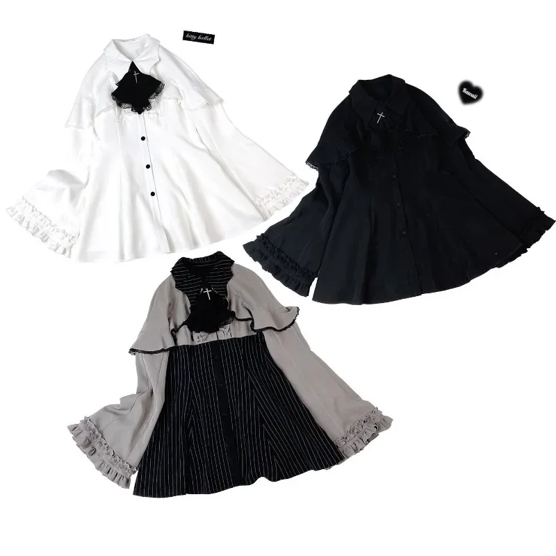 

Vintage Lolita Style Mini Dress Set Women Gothic Y2k Loose Flare Sleeve Fake Two Pieces Party Dresses Female Kawaii Cute Vestido