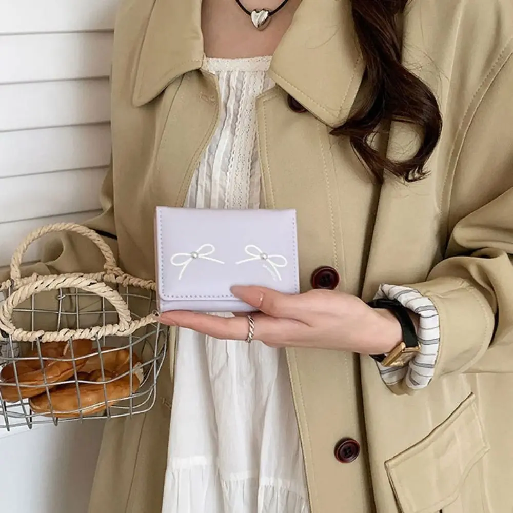 Waterproof Bow Short Folding Wallet Handheld Lightweight Money Purse Bag PU Leather Korean Style Heart Photo Card Holder Female image 4