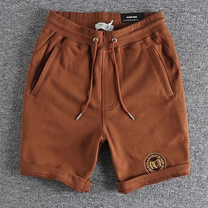 

2025 летние новые японские ретро тяжелые вязаные шорты, мужские повседневные свободные спортивные брюки из 100% хлопка с завязками на шнурке, 5 точек