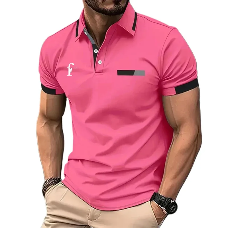 Men's golf shirt, golf work casual, lapel short-sleeved, basic modern color blocks, regular for spring and summer, suitable for