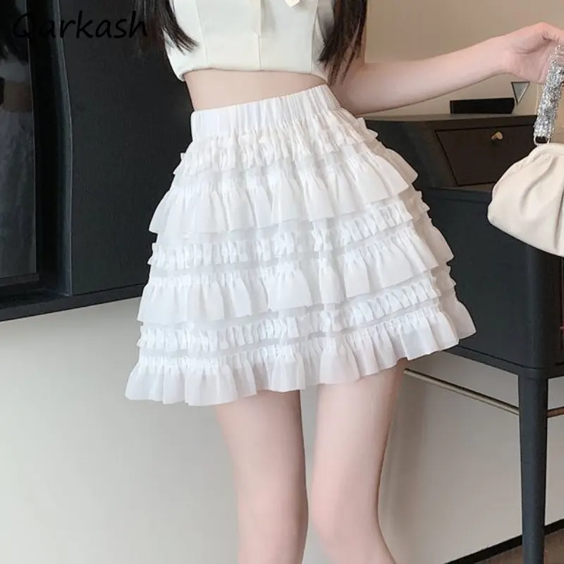 

Ball Gown Skirts Women Mini Sweet Princess Ruffles Tender Sexy Japanese Style All-match Fashion Girlish Simple High Waist Teens