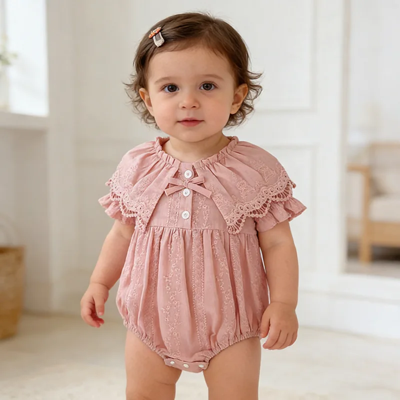 Girls Onesie 2026 Spring and Summer New Childrens Clothes Korean Style Girl Baby Jacquard Short-sleeved Princess Onesie