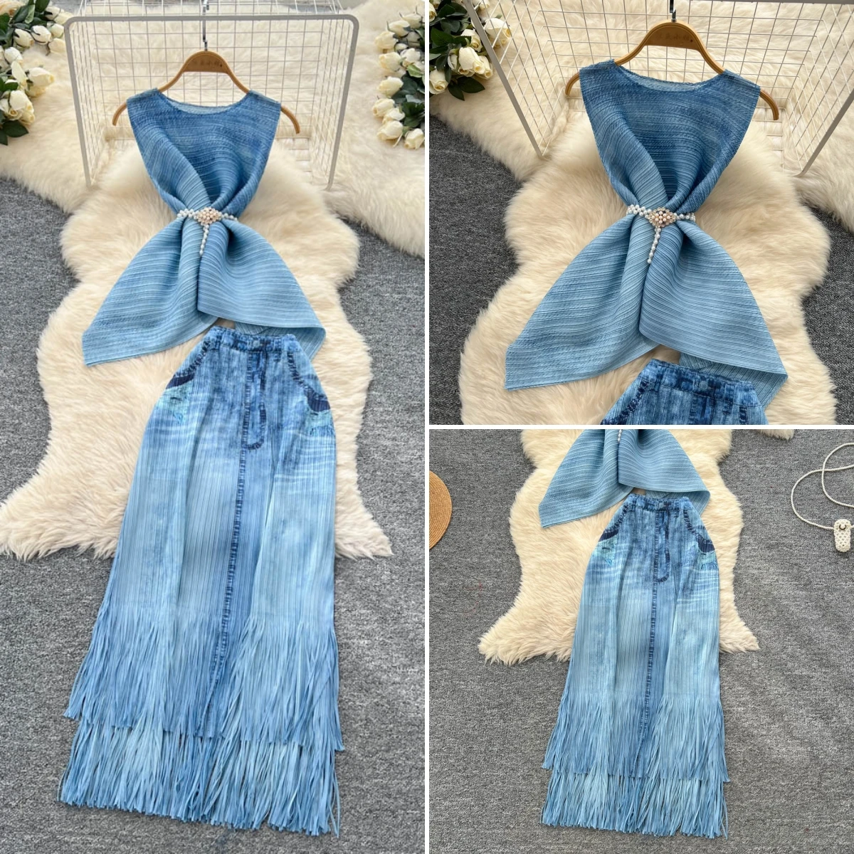 

Women Two Piece Sets Skirt Set Round Neck Sleeveless Tops Long Skirts Tassel A Line High Waist Slim Fit Y2k Streetwear Work