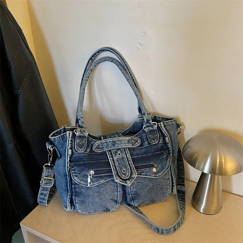 Retro Black Washed Denim Handbag Women Multi Pocket Casual Shoulder Crossbody Purse, Removable Wide Strap Street Style Bag
