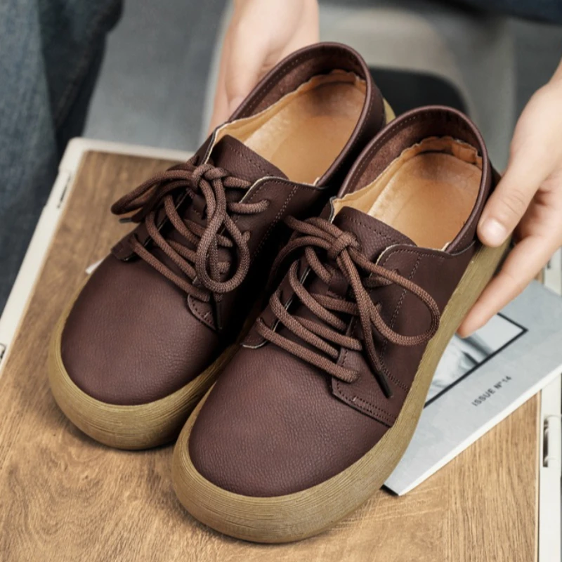 

Мужские повседневные кожаные туфли однотонные в ретро-стиле на плоской подошве цельные легкие универсальные подходят для любых случаев.