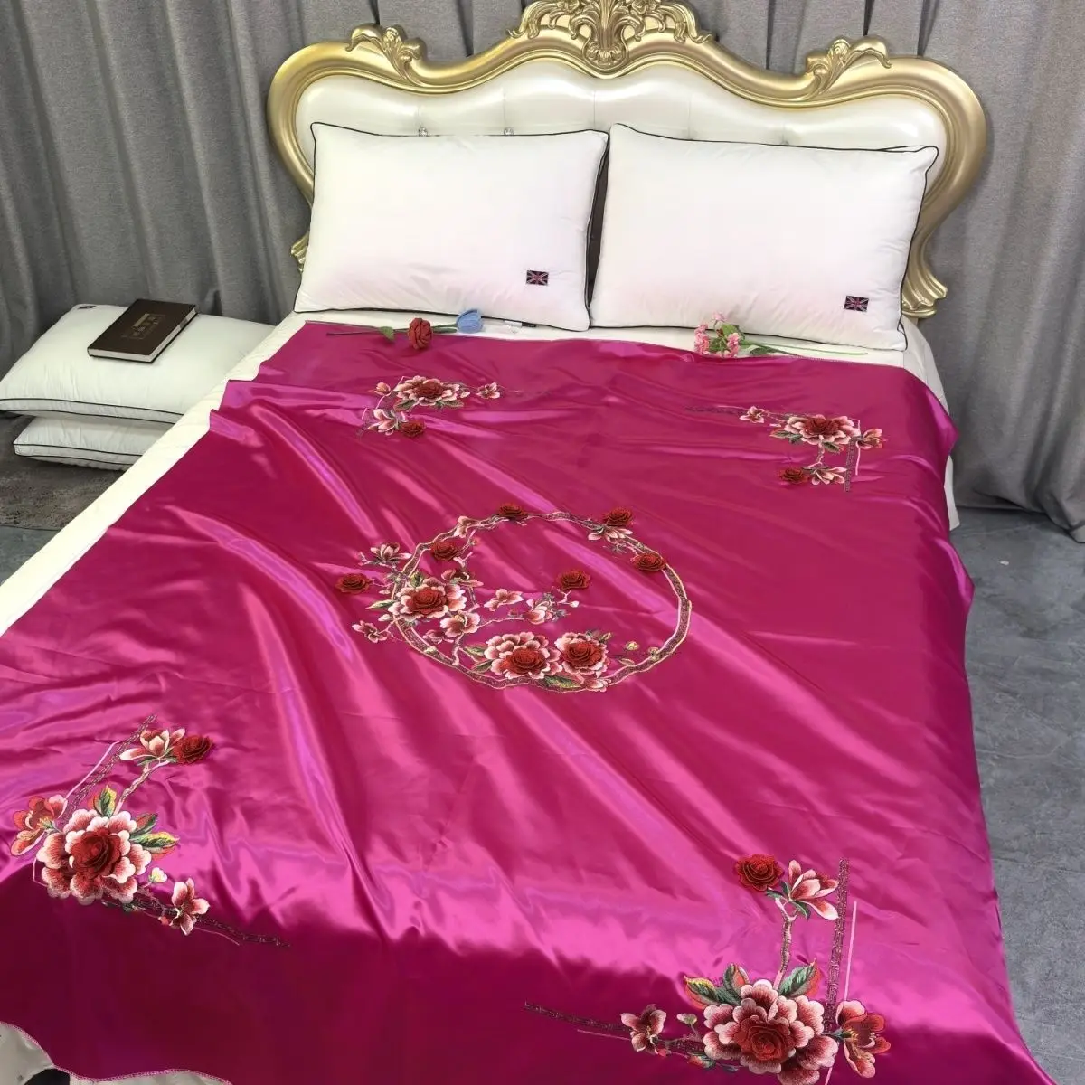 Glossy satin silk cover with zipper Embroidery floral bedspread home bedding