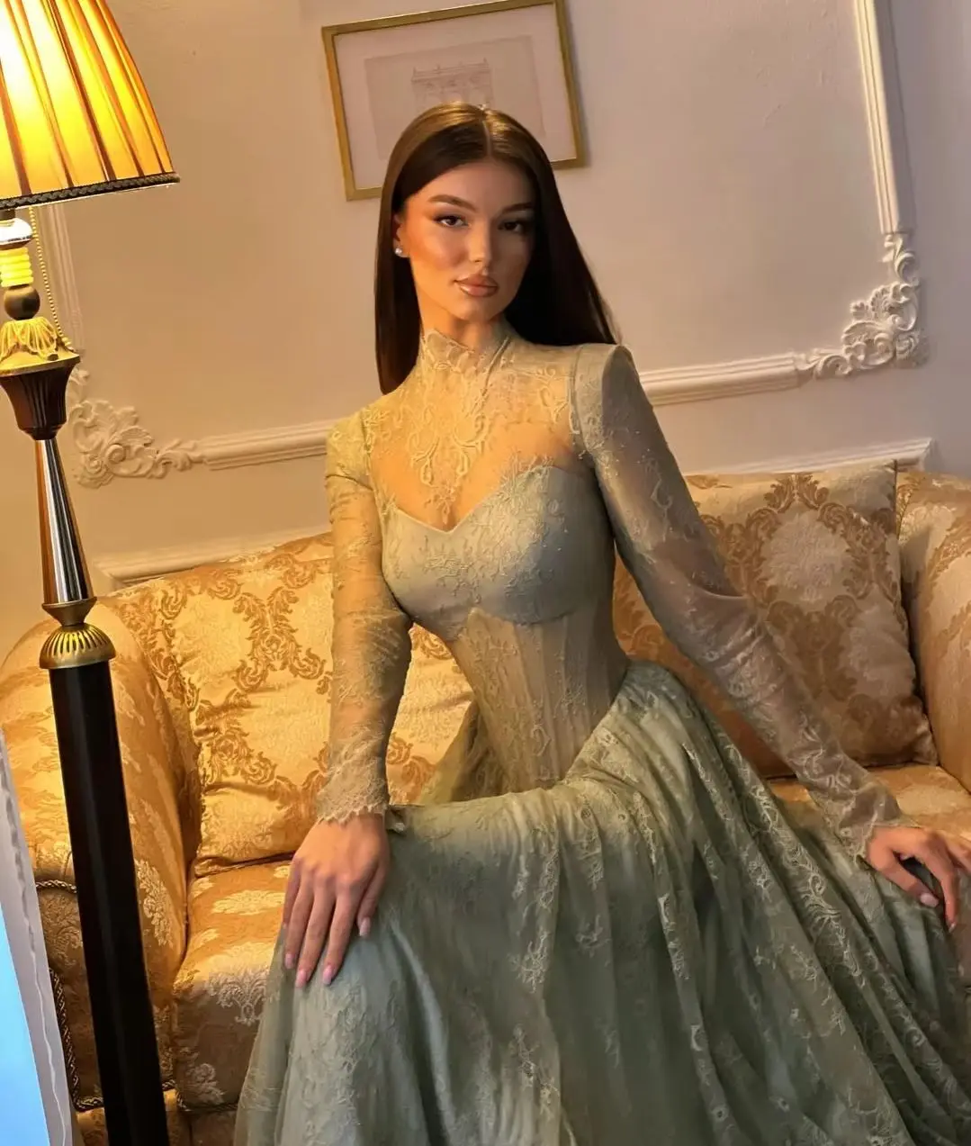 Ofherown – robe de soirée en dentelle vert sauge, col haut, transparente, ligne a, manches longues, Corset, robes de bal pour fête, tapis rouge, personnalisé, 2026