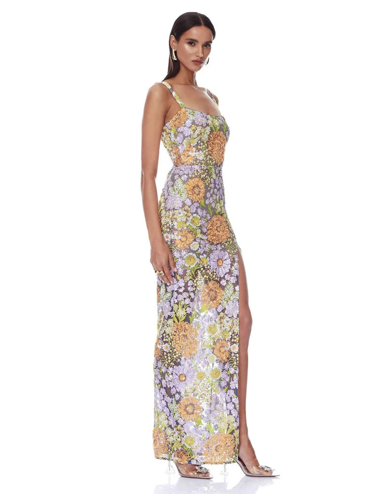 VC 2026 Luxury Summer Floral Sequin Mesh Maxi Dress For Women  Spaghetti Strap High Slit Bodycon Evening Gown for Wedding Guest
