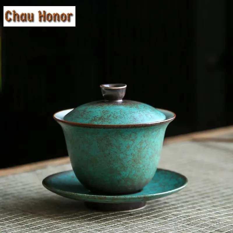 

150ml Japanese Style Turquoise Glaze Ceramic Sancai Gaiwan Retro Kiln Change High-capacity Tea Cover Bowl Drinkware Customized