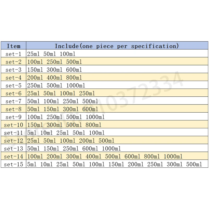 Lab Different Sets Glass Beaker Chemical Experimental Equipment 5, 10, 25, 50, 100, 150, 200, 250, 300, 400, 500, 800,1000ml